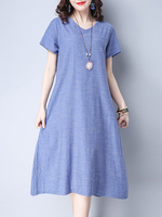 Casual Women Stripe V-Neck Short Sleeve A-Line Dress