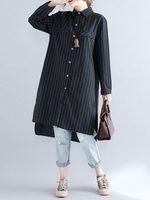 Casual Women Striped Long Sleeve Lapel High Low Shirt Dress