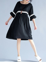 Casual Women Striped Patchwork Elastic Waist Half Sleeve Loose Dress