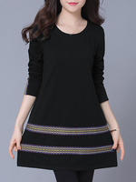 Casual Women Tribal Style Embroidery Striped Long Sleeve Mini Dress