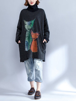 Cat Printed Striped Turtleneck Sweatshirt