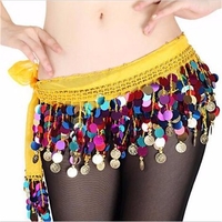 Chiffon Belly Dance Costume 2 Rows Colorful Coin Sequins Hip Scarf Skirt Wrap