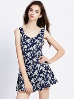 Chiffon Floral Print Backless Lace-up Sleeveless V-neck Women Jumpsuit
