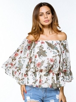 Chiffon Floral Print Off-shoulder 3/4 Sleeve Women Blouses