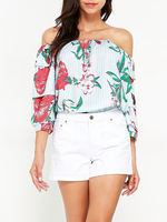 Chiffon Floral Print Off-shoulder Half Sleeve Women Blouse
