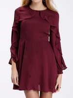 Chiffon Flouncing O-neck Long Sleeve Women Mini Dress