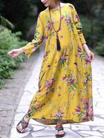 Chinese Style Floral O-Neck Long Sleeve Maxi Dress For Women