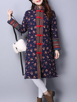 Chinese Style Floral Printed Button Fly Coats For Women