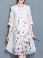 Chinese Style Floral Printed Emulation Silk Dress For Women