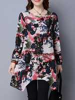 Chinese Style Floral Printed Long Sleeves Irregular Hem T-shirts