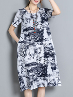 Chinese Style Landscape Printed Short Sleeves Dresses For Women