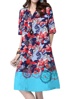 Chinese Style V Neck Patchwork Floral Printed Dresses
