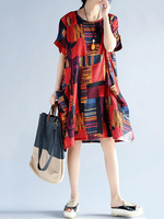 Colors Block Print Casual O-Neck Short Sleeve Loose Dress