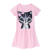 Cotton Cat Pattern Short Sleeve O-neck Dress For Kids Girls