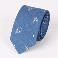 Cotton Denim Neckties For Men Groom Skull Fish Bone Pattern Narrow Neck Ties Party Necktie