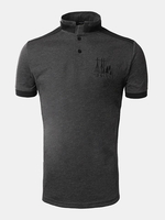 Cotton Embroidery Casual Tops Stand Collar Short Sleeve T-Shirt for Men