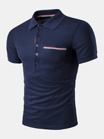 Cotton Front Pocket Buttons Turn-down Collar Short Sleeve Polo Shirt for Men