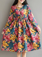 Country Style Floral Printed Long Sleeves Dresses For Women