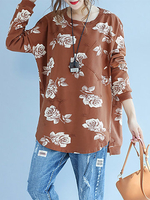 Country Style Pocket Printed Long Sleeves O Neck Shirts For Women