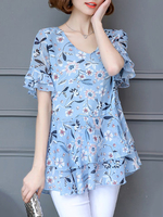 Country Style Printed Petal Sleeve Chiffon V Neck Shirts For Women