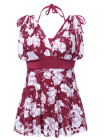 Cozy Flower Print Swimdresses Deep V Back Breathable One Piece Swimwear