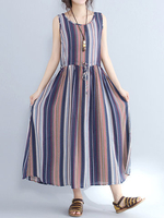 Diamond Bar Stripe O-Neck Sleeveless Women Maxi Dresses