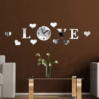 DIY Romantic Acrylic 3D LOVE Wall Clock Crystal Mirror Art Decor
