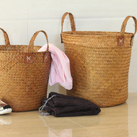 Double Handles Seaweed Woven Storage Laundry Basket Flower Plant Pot Sundries Storage