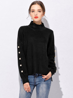 Elegant Bead Side Split Irregular Hem Stand Collar Sweater