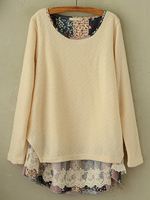 Elegant Floral Lace Stitching Round Neck Knit Blouse For Women
