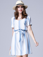Elegant Women Contrast Color Stripe Party Mini Dress With Belt