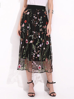 Elegant Women Flower Embroidery Elastic Waist Chiffon Skirt