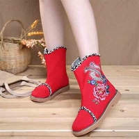 Embroidered Flower Warm Fur Lining Folkways Mid Calf Flat Boots