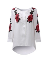 Embroidered Loose Hollow Irregular Long Sleeve O-neck Blouse For Women