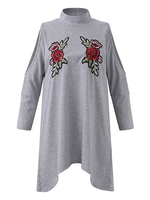 Embroidery Cold Shoulder Turtleneck Women T-shirts