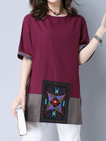 Embroidery Patchwork Short Sleeve Side Silt Women T-Shirts