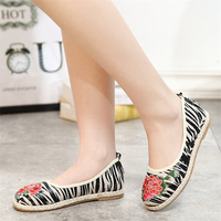 Embroidery Stripe Flower Print Flat Slip On Vintage Shoes