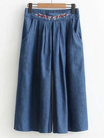 Ethnic Embroidery High Waist Elastic Denim Wide Leg Pants