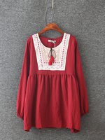 Ethnic Embroidery Round Neck Lace-up Shirt For Women