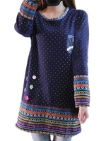 Ethnic Polka Dot Printed Stereo Flower Stitching Loose Fleece Dresses