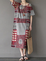 Ethnic Printed Short Sleeve O-Neck Pockets Midi Dress For Women