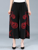 Ethnic Style Floral Embroidery Elastic Waist Wide Leg Pants For Women