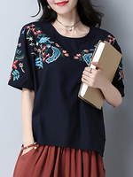 Ethnic Style Floral Embroidery Short Sleeves T-shirts For Women