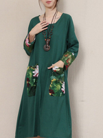 Ethnic Style Printed Long Sleeves O Neck Pocket Dresses