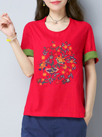Ethnic Women Embroidery Patchwork Split Short Sleeve O-Neck Blouse