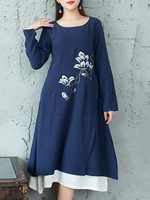 Ethnic Women Long Sleeve False Two Pieces Print Dresses