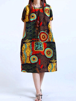 Ethnic Women Printed Short Sleeve O-Neck Pockets Midi Dress