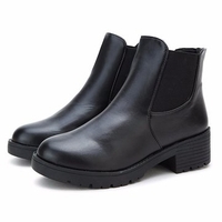 Fashion Black Leather Slip On Elastic Square Heel Boots