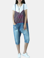 Fashion Printed Stitching Strap Denim Shorts Women Jumpsuits