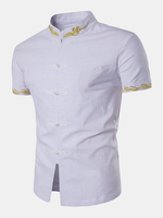 Fashion Stand Collar Embroidery Vintage Style Linen Designer Shirts for Men